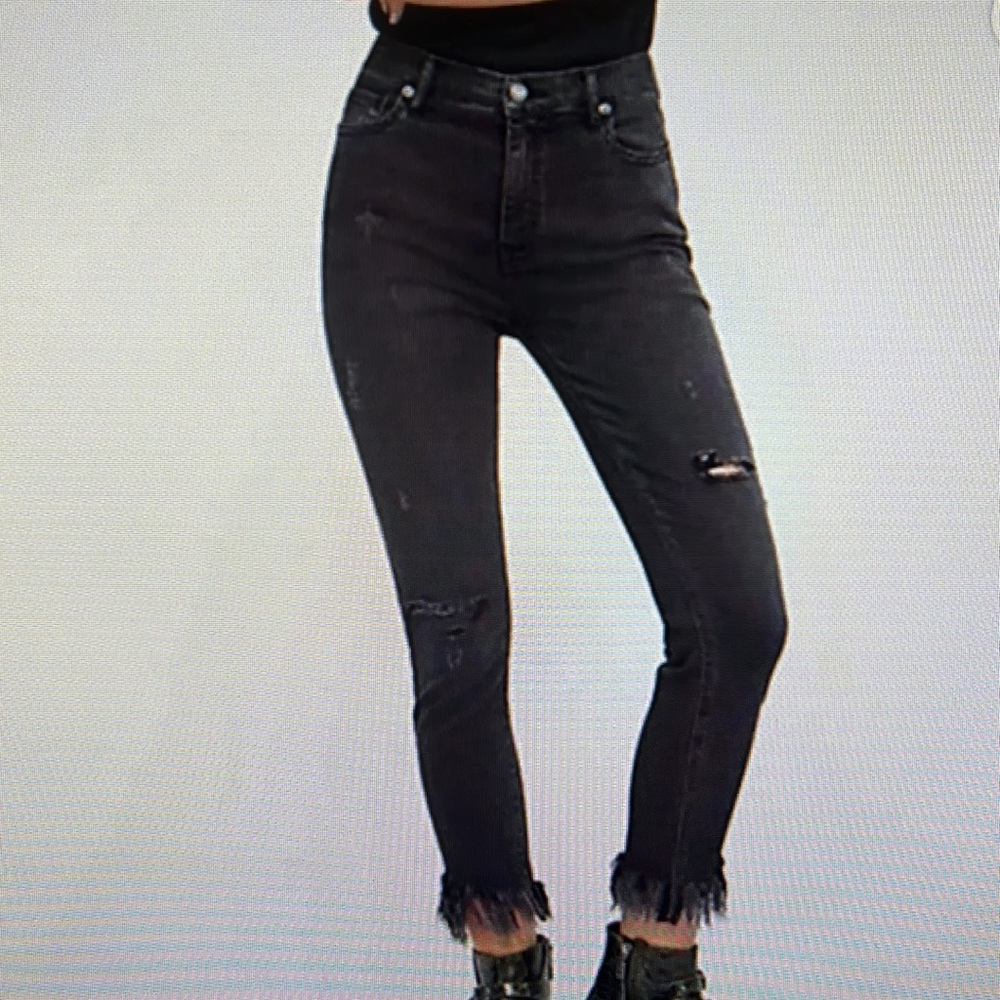 Free People Streetwear Fringe Frayed Raw Crop Hem Black Jeans Capsule Denim